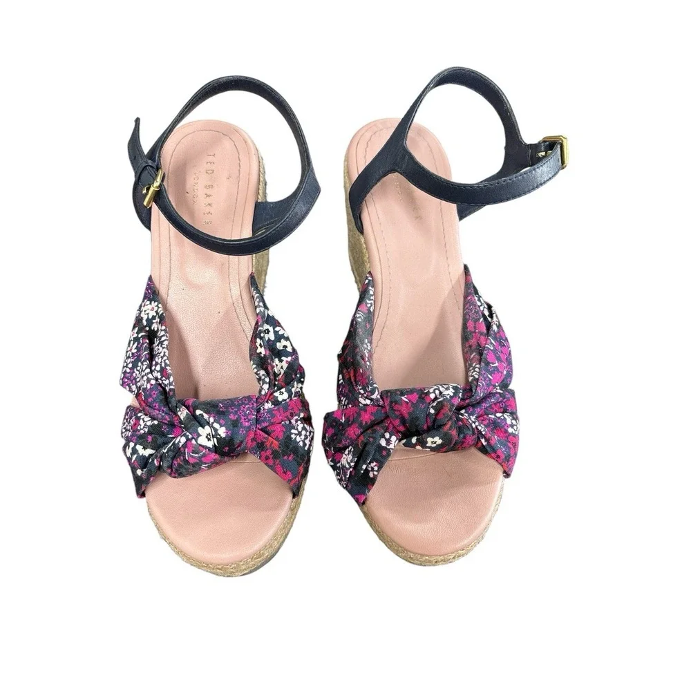 Ted Baker London Taylina Floral Espadrille Wedge‎ Sandal Navy Blue Size 7.5 / 38